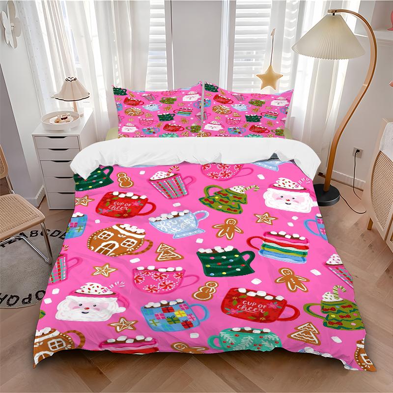 3Pcs Christmas Hot Chocolate Bedding Set Quilt Cover Pillowcase Home Christmas Halloween Gift 1 Duvet Cover 2 Pillowcase S1163
