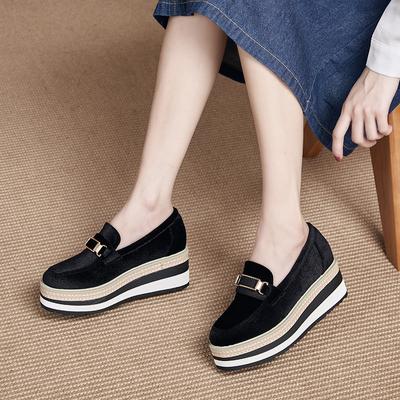 2024 Spring Autumn Suede Thick Sole Sponge Cake Single Shoe Waterproof Platform Slope Heel High-altitude Shoes Foot Pedal HZB