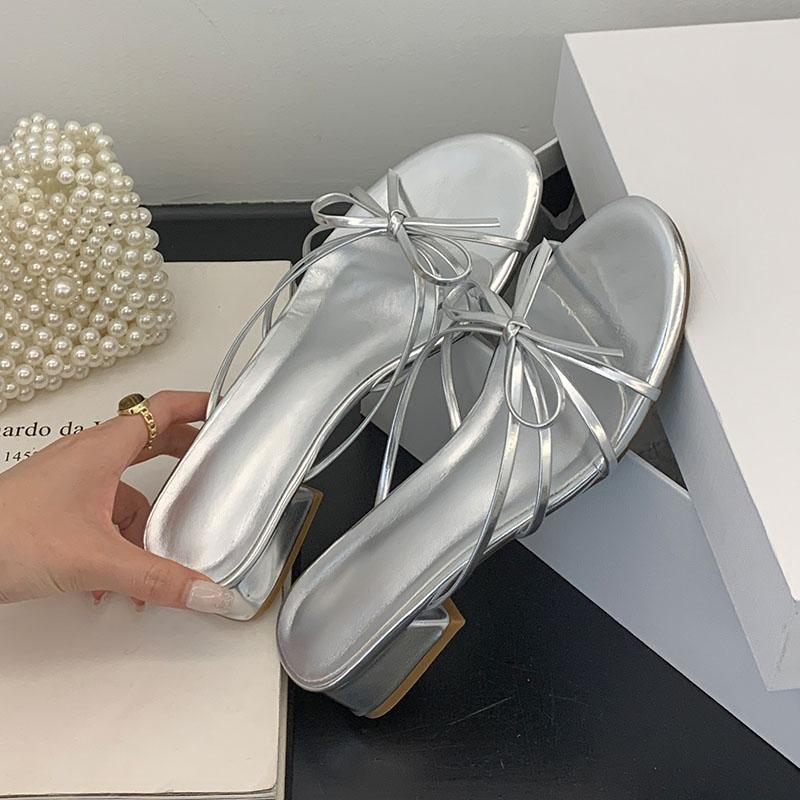 Mode Sommar Vår Kvinnliga Tofflor Damer Låg Klack Tofflor Skor Mode Fjärilsknut Kvinnor Klacktofflor Sandaler Skor