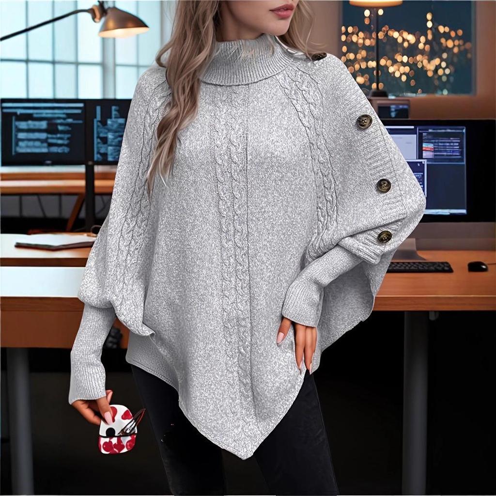 European and American Style Button-Decor Batwing Sleeve High Neck Knit Sweater for Autumn/Winter