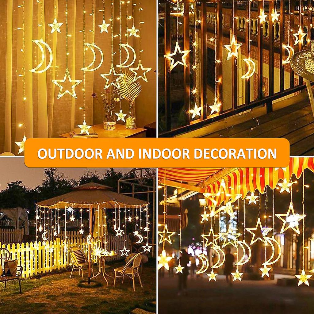Solar Icicle Lights LED Outdoor Waterproof Moons Stars Curtain Window String with 8 Modes Warm White Hanging Decor for Patio