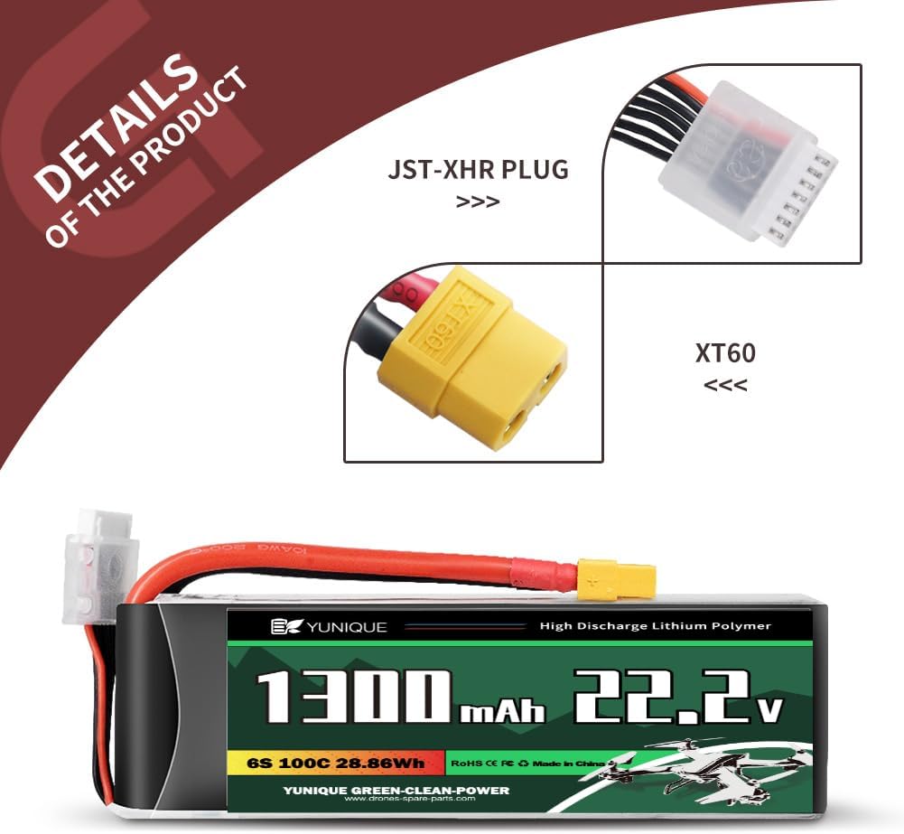 Lipo Battery 6S 22.2V 1300mAh 100C with XT60 Connector – High Power for RC Models – Soft Case, Silicone Wire