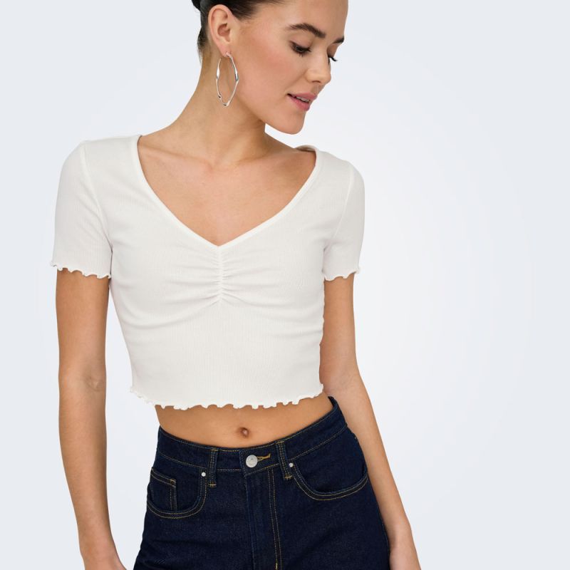 Top crop betty col v manches courtes Femme ONLY