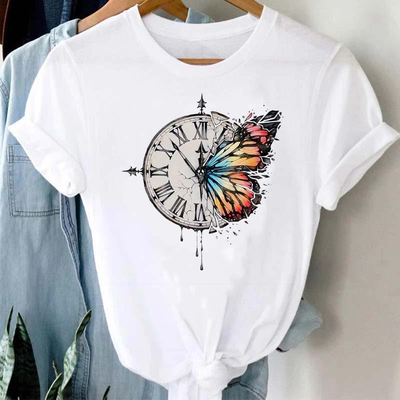 Woman Plus Size Tops Oversized T Shirt Aesthetic Clothes Summer Burst Cute Cartoon Butterfly Trend Letter Print Top T-shirt