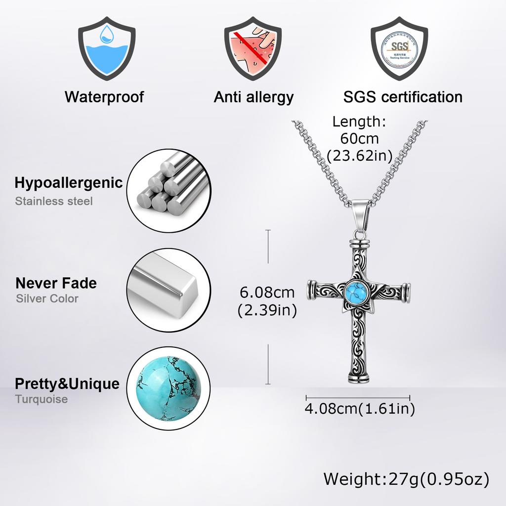 Vnox Stainless Steel Pentagram Turquoise Cross Pendant Necklace with Box Chain, Unique Vintage Religious Jewelry Gifts for Men