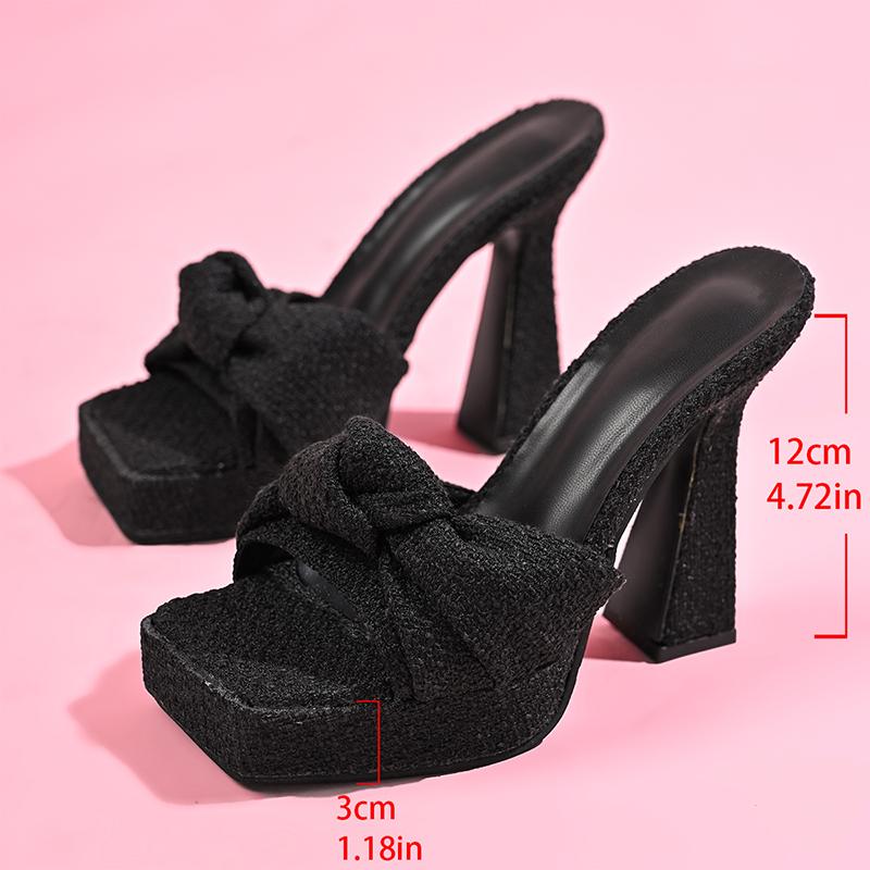 Sommermode Schwarz High Heels Pantoletten Damen Eckige Zehenpartie Plateau Sandalen Frau Plissee-Design Blockabsatz Sandalias De Mujer