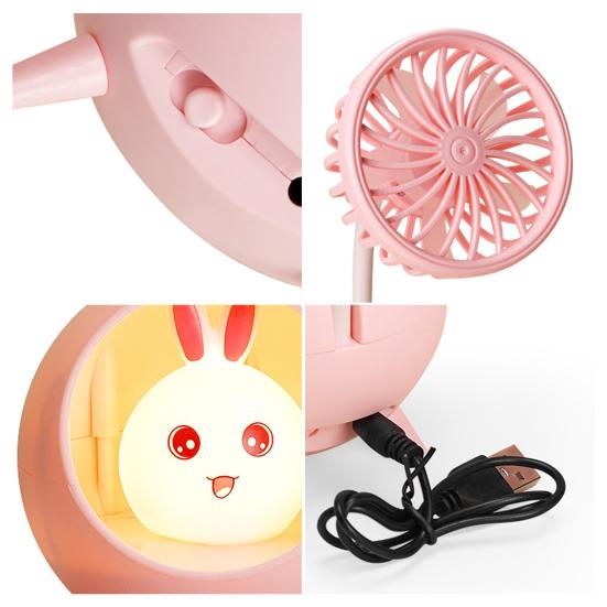 Desk Lamp Small Fan with Adjustable Bendable Pole Stable Base Quiet Motor Cartoon Chick Rabbit Design Dorm Room Fan Light