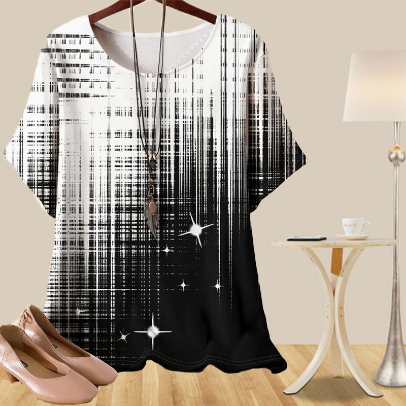 Women's Fashion Casual Loose Spring Shirt Women's Short Sleeve Personalized Gradient Flower Lines Printed Tops