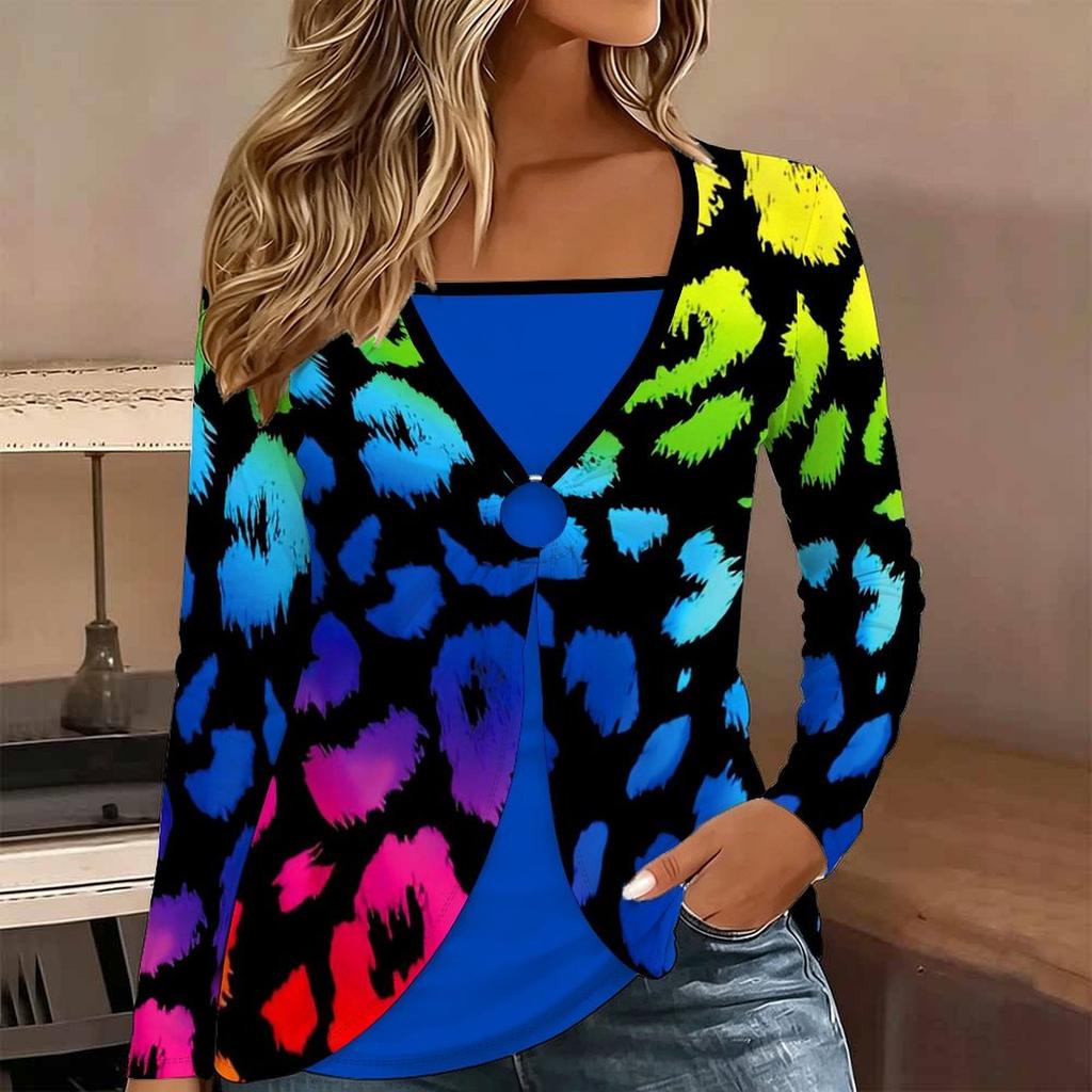 Tops for Women Leopard Print Long Sleeve Fake Two‑Piece Top Fall Casual Slim Pullover Women's Long Sleeve Top