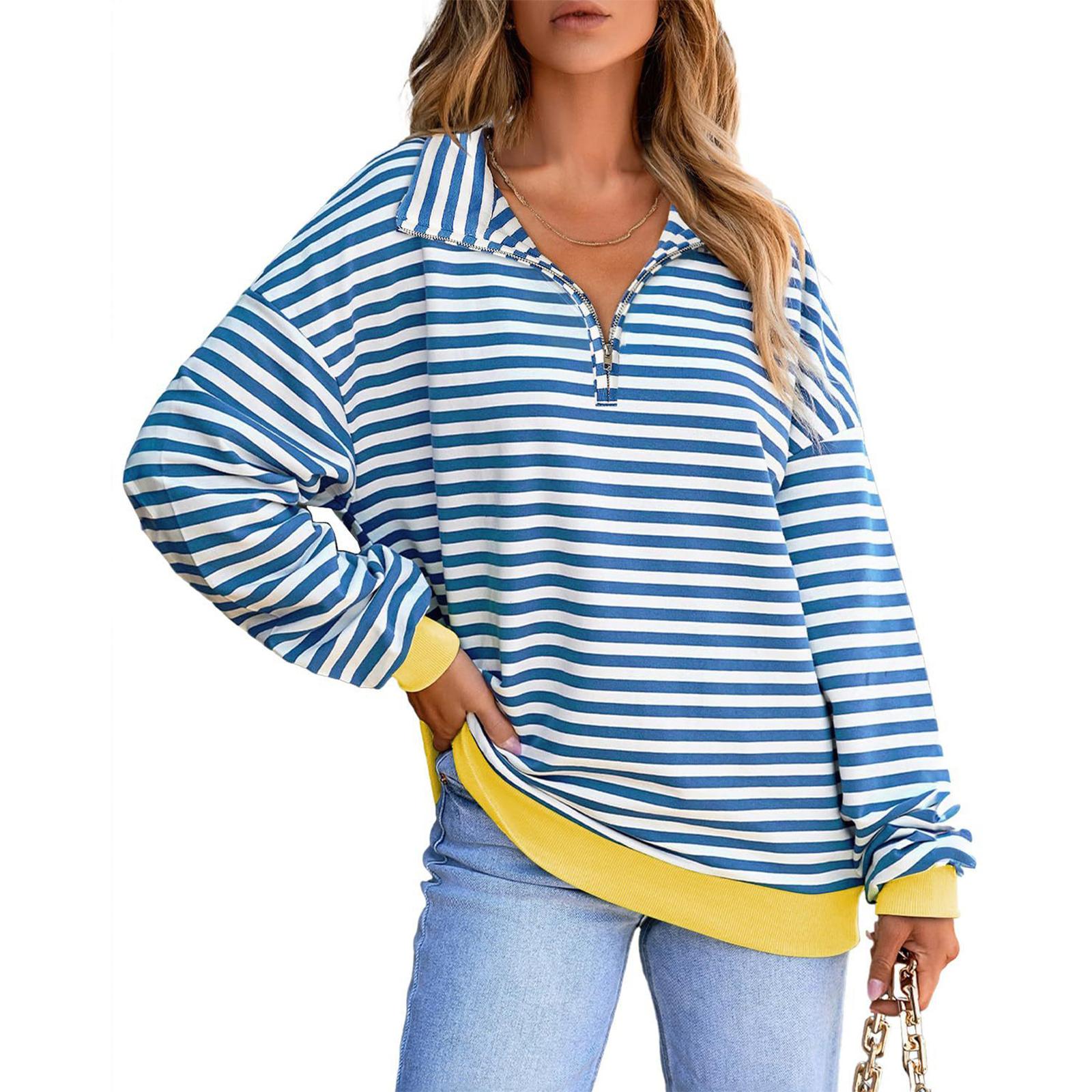 

Женский модный полосатый пуловер с лацканами и длинными рукавами, спортивный повседневный топ-свитшот XXL синий