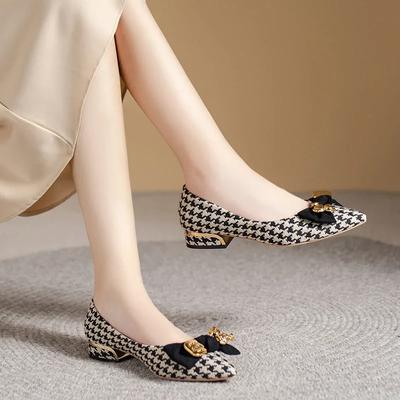 2024 Marque Chaussures pour Femmes Mocassins Ballerines pour Femmes Automne Bout Pointu Couleurs Mélangées Pied-de-poule Nœud Papillon Chaussures Décolletées