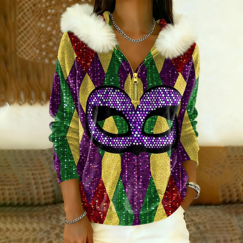 Damen Lockerer Und Bequemer Lässiger Mode Halb-Reißverschluss Kapuzenpullover Langarm Karnevals-Print Oberteil