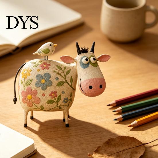Rustic Farmhouse Shelf Decorations Creative Cow Sculpture with Bird, Resin Animal Figurine, Pastoral Statue, Gifts for Housewarming Artistic Tabletop