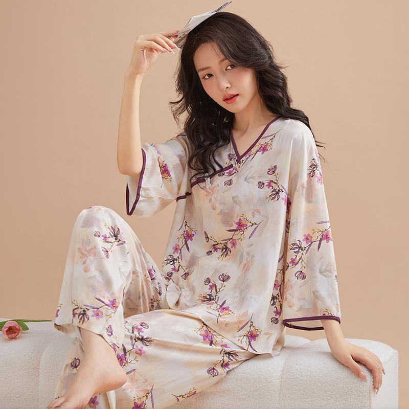 Classical national style new Chinese pajamas women's spring, summer and autumn new cotton silk disc buckle sweet loungewear hanfu two-piece set