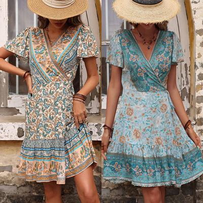 New Ethnic Style Geometric Flower Print One-piece Dress Summer