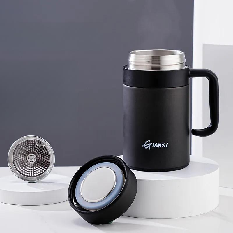 Taza térmica de acero inoxidable para hombre, taza térmica aislante y fría para oficina, taza de té con filtro portátil para negocios con asa