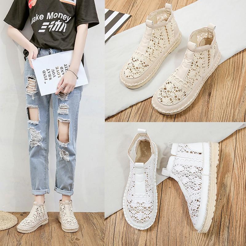 

Women s Mesh Hollow Flat Lace Breathable Back Zipper High Top Sandals 40 бежевый