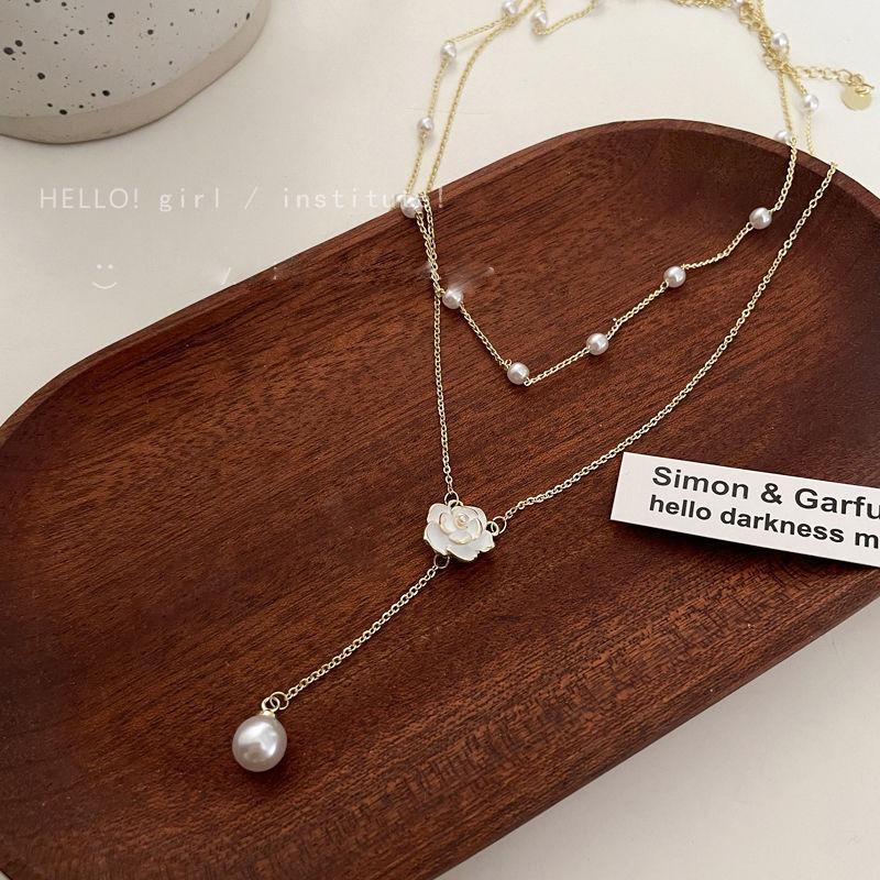 Double-layer fringed pearl necklace women's niche design sense camellia collarbone chain temperament neck chain versatile
