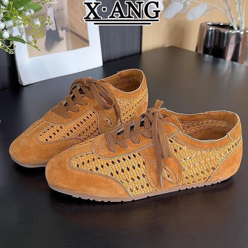 Leather hand-woven hollow breathable soft sole not tired feet women's shoes flat single shoes summer hole sandals