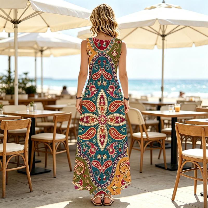Women's Casual Sleeveless Paisley Print Maxi Dress,Loose Fit Vintage Multicolor,Comfortable for Daily Beach & Casual Outings,Versatile Stylish Wear