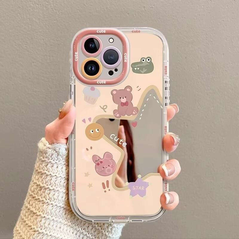 INS Cute Cartoon Bear Makeup Mirror Phone Case For iPhone 17 16 15 14 13 12 11 Pro Max XS X XR 7 8 Plus SE2 16E Shockproof Cover