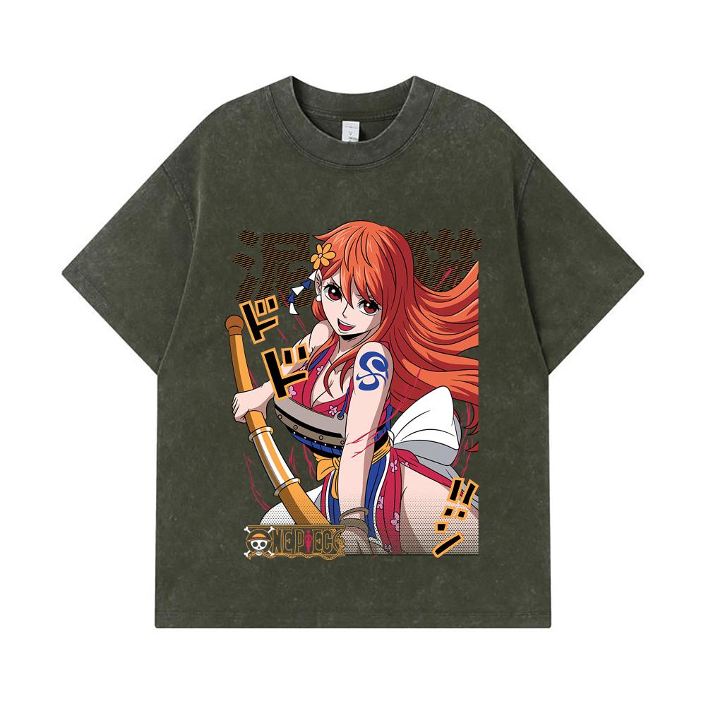 275 GSM Washed T-shirts 100% Cotton One Piece V41 Nami Print Unisex Heavy Cotton T Shirt
