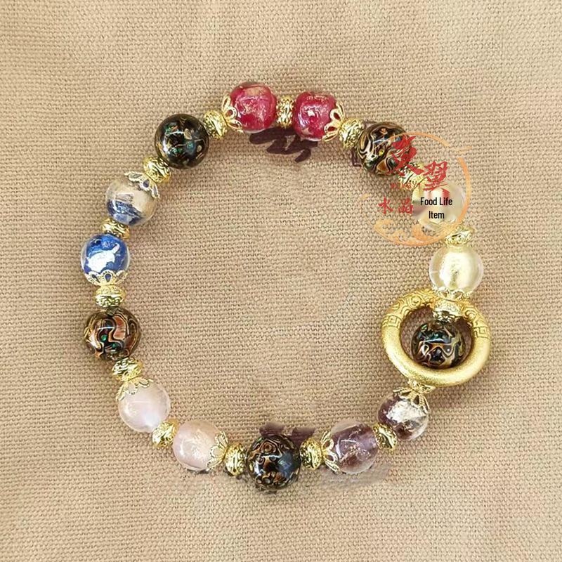 Black Lacquer Gold-Foil Luck-Bead Bracelet with Incense Ash Glaze