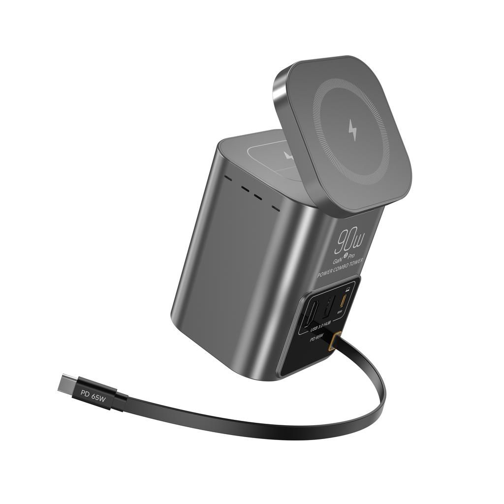 GaN 90W 6-in-1 Faltbares Magnetisches Kabelloses Ladegerät mit Typ-C USB-A und HDMI-Anschlüssen und PD 65W Einziehbarem Ladekabel