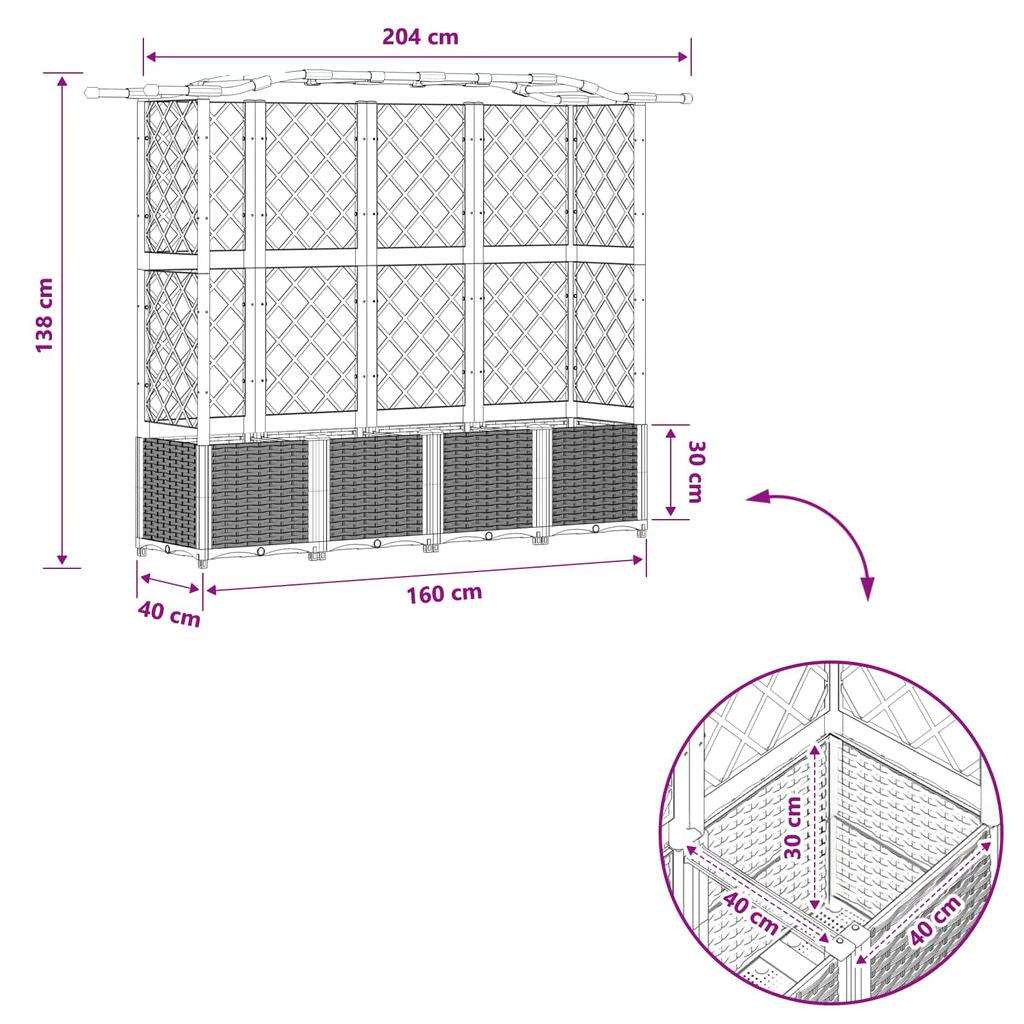 Raised Garden Bed with Trellis and Hanging Roof Black 204 x 40 x 141 cm PP