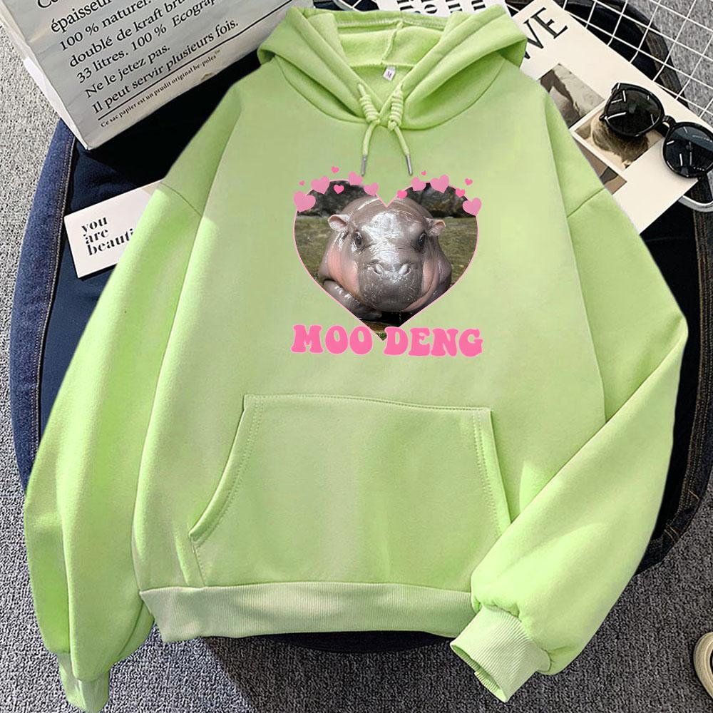 Cute Girls Clothing Moo Deng Hippo Printing Hoodies Roupas Femininas Funny Cartoon Graphic Sweatshirt Hooded Winter Fleece Hoody