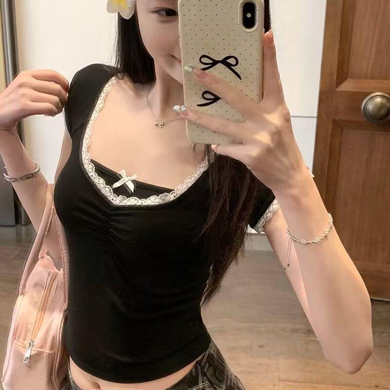 Lace Trim Bow Short-Sleeve Women's Summer Slim Fit Top
