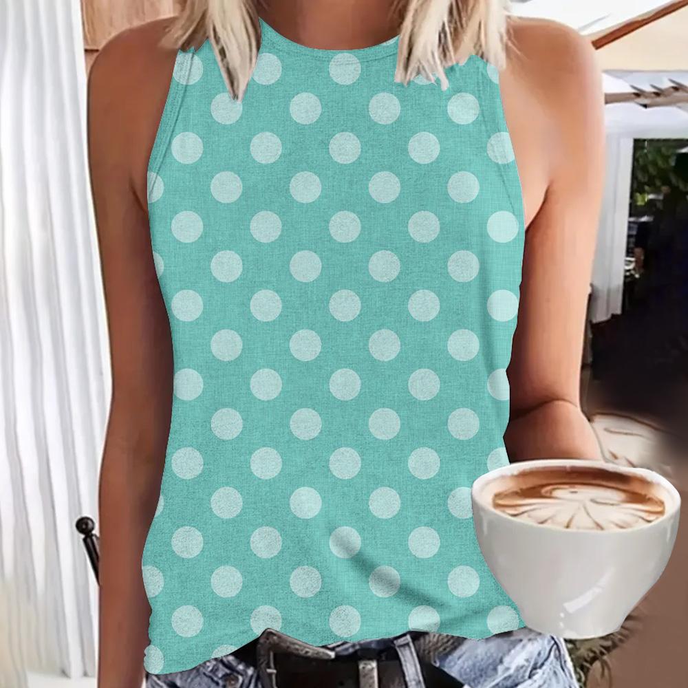 Women's 3D polka dot printed sleeveless T-shirt, round neck off shoulder retro casual vest, Y2K sleeveless top, T-shirt, women's clothing