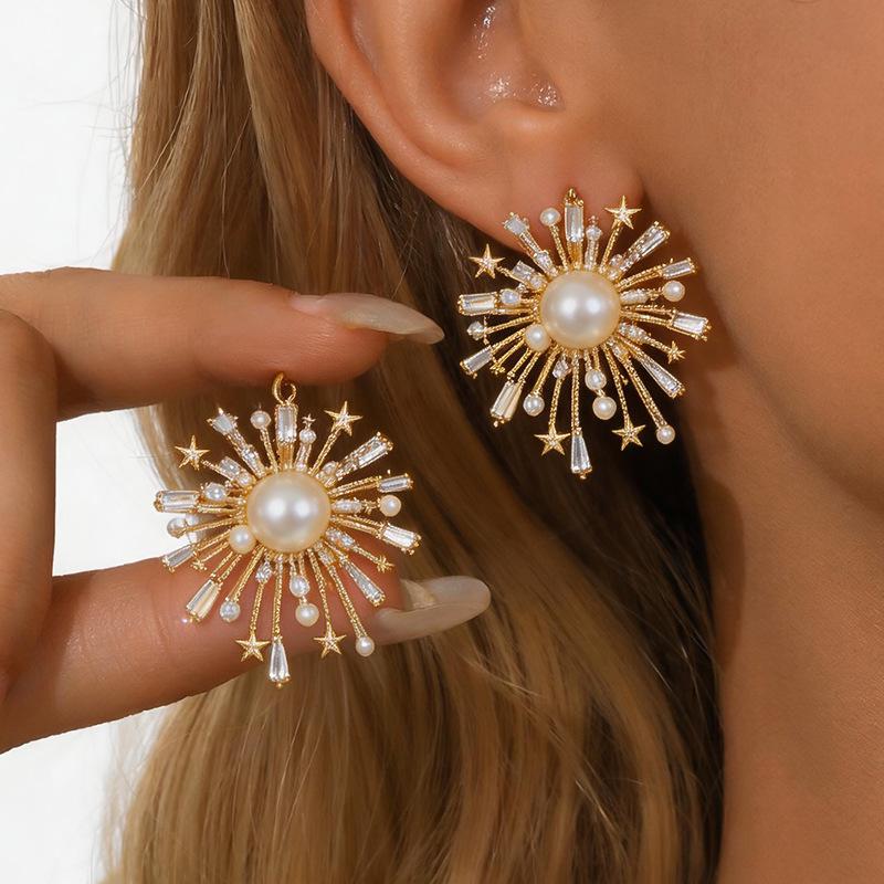 18k Gold-Plated Zircon Pearl Fireworks Stud Earrings – Elegant Luxury Design