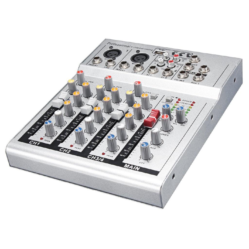 4 Channel Mixer Mini Professional Live Studio Audio Mixer USB Mixing Console DJ Stage KTV black/silver 48V 23.6*19.3cm