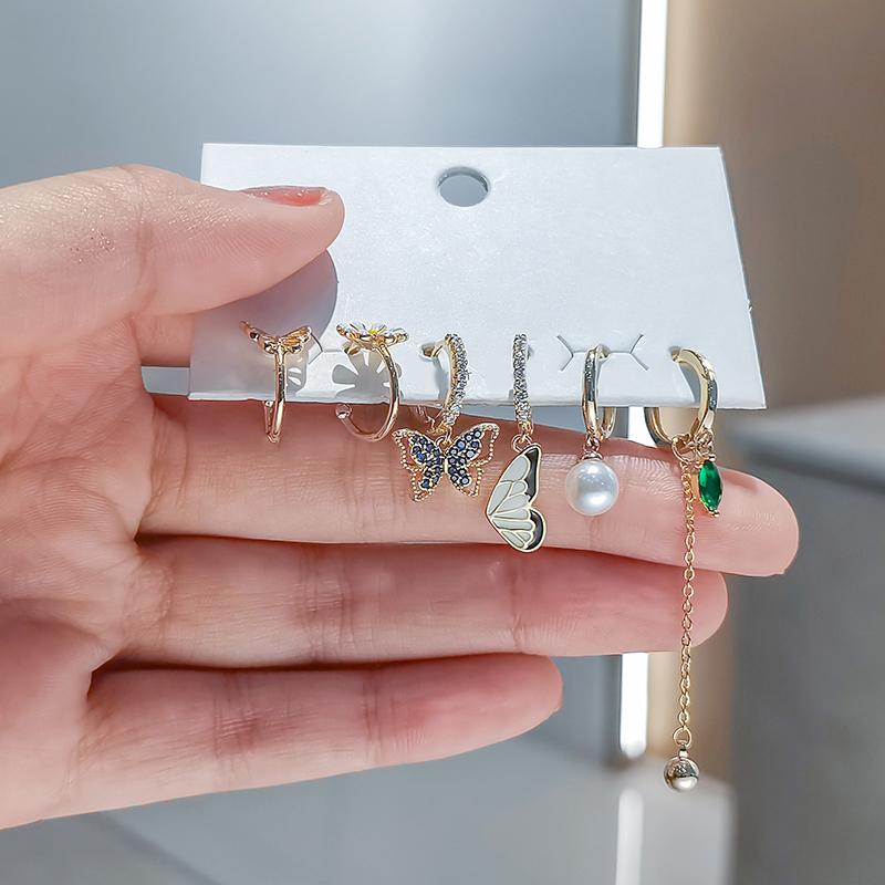 ANENJERY 6 pieces/set Zircon Butterfly Flower Hoop Earrings Set Shiny Light Luxury Sweet Jewelry