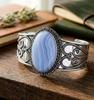 Blue Lace Agate Gemstone Silver Plated Cuff Bracelet  Vintage Filigree Statement Bangle  Bohemian Large Gemstone Jewelry for Women