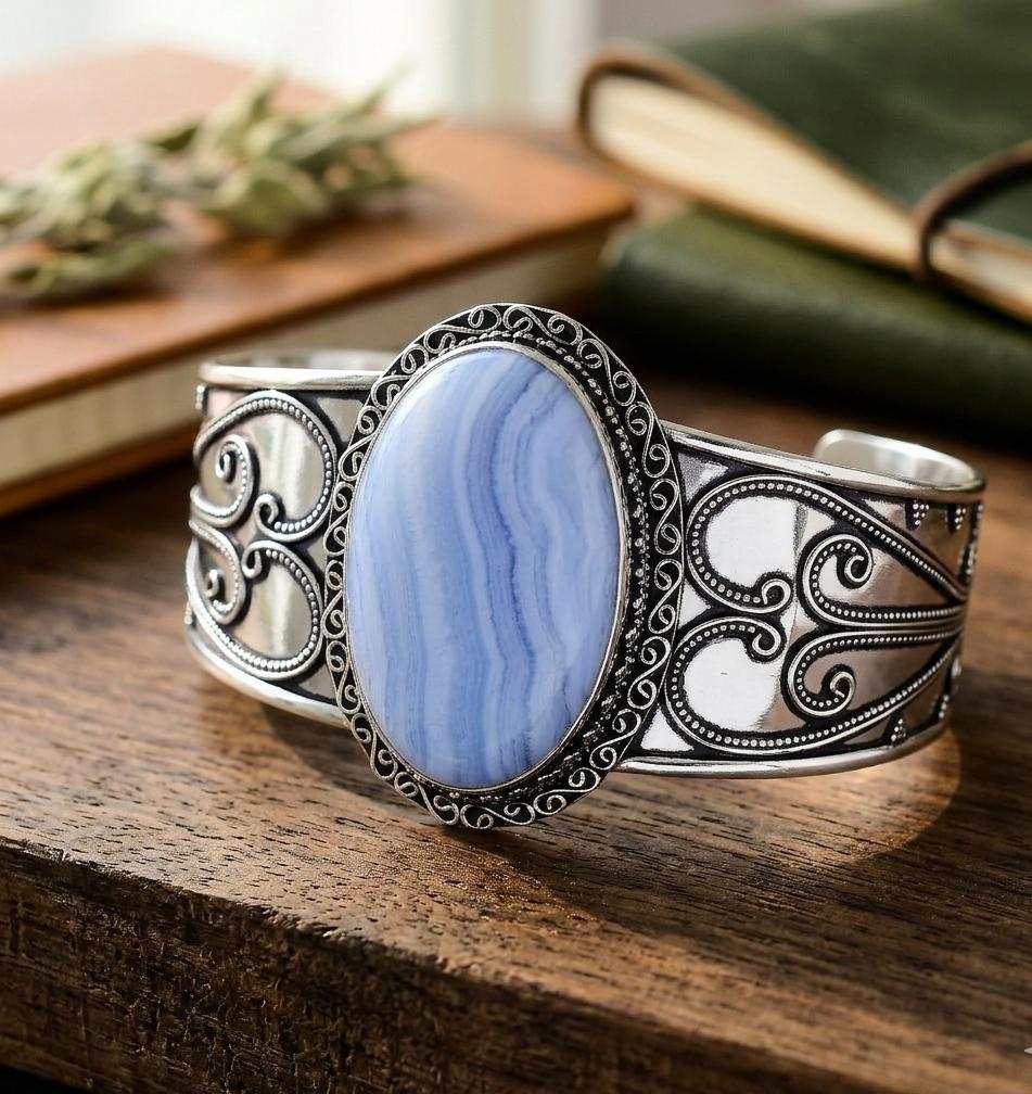 Blue Lace Agate Gemstone Silver Plated Cuff Bracelet Vintage Filigree Statement Bangle Bohemian Large Gemstone Jewelry for Women