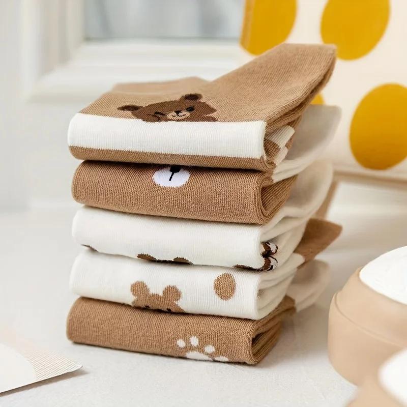 5 pairs of women's cartoon bear pattern socks - soft, breathable, elastic casual socks with cute bear faces