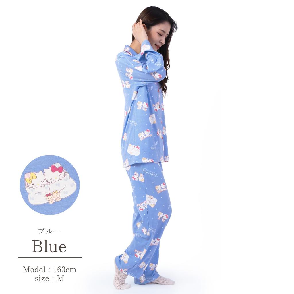 SAZAC 50th Anniversary Hello Kitty Shirt Long Sleeve and Pants Jersey Cotton Hello Kitty Mimmy Women's Pajamas, Set, Loungewear, & (Blue/M/SAN1740)