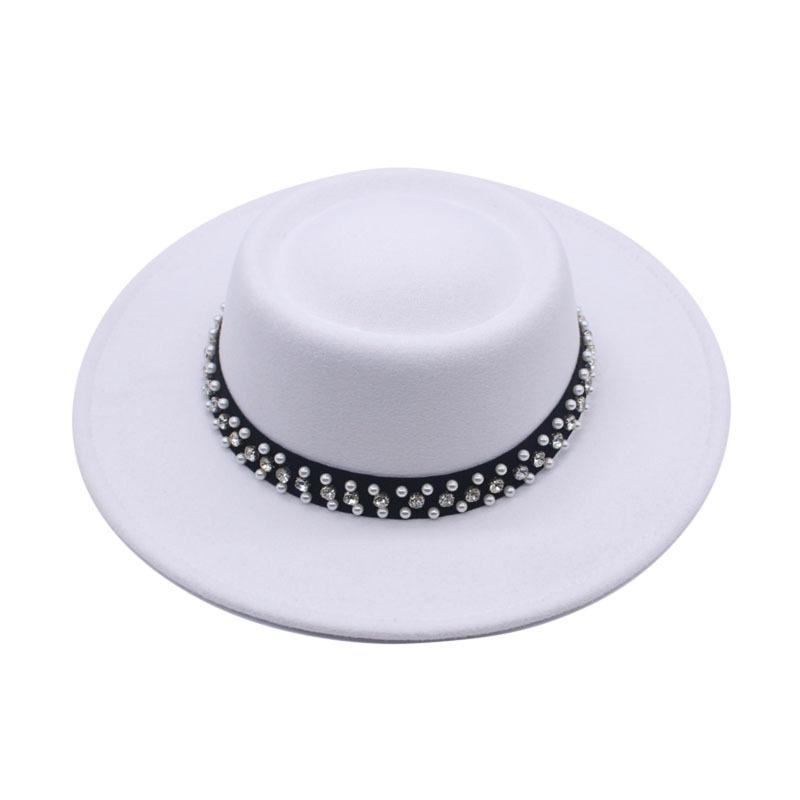 European and American New Autumn and Winter Wool Woolen Big-brimmed Jazz Hat Female Concave Top Black Top Hat Pearl Rhinestone Felt Hat