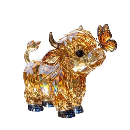 Crystal Highland Cow Sculpture Crystal Cow Statue with Butterfly Cute Animal Collectible Ornament