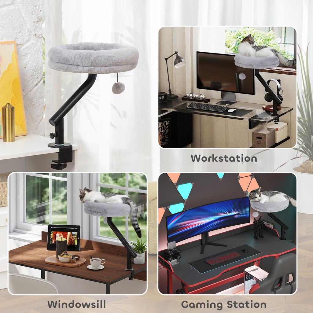 Cat Desk Bed, Cat Hammock 360 degrees Rotatable Adjustable for Window, Table, Work, Grey