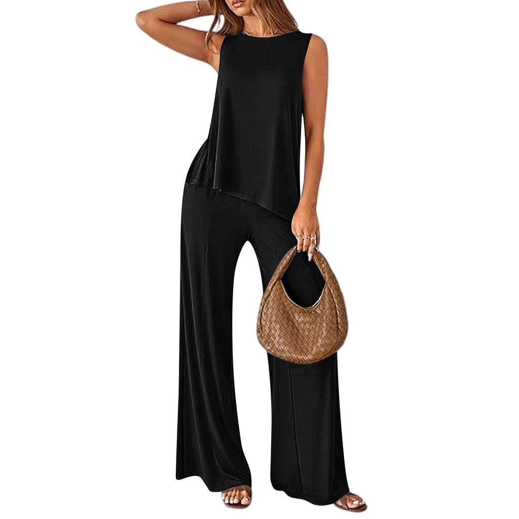 Women's 2-Piece Fashionable Casual Loose Fit Sleeveless Asymmetrical Split Hem Tank Top And Wide Leg Pants Activewear Set