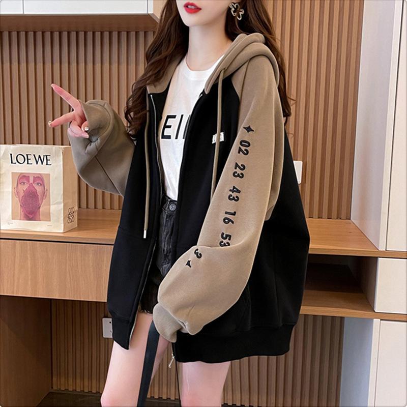 Women's Contrast Color Hooded Sweatshirt - Spring/Fall 2025, Thickened Velvet, American Style Zip-Up Cardigan