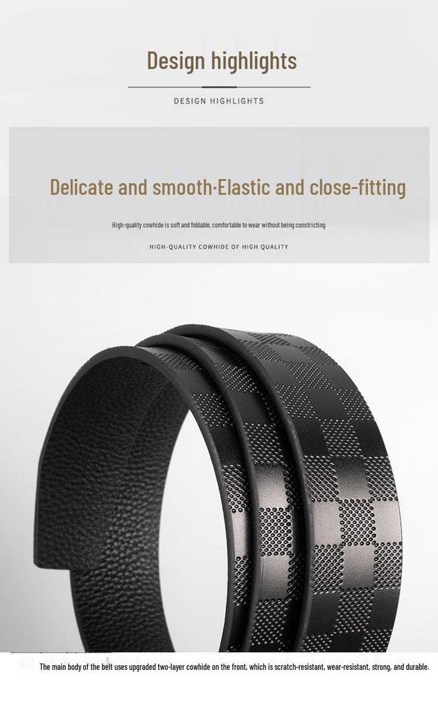 Men's Leather Belt, Genuine Leather, Automatic Buckle, Plaid Pattern