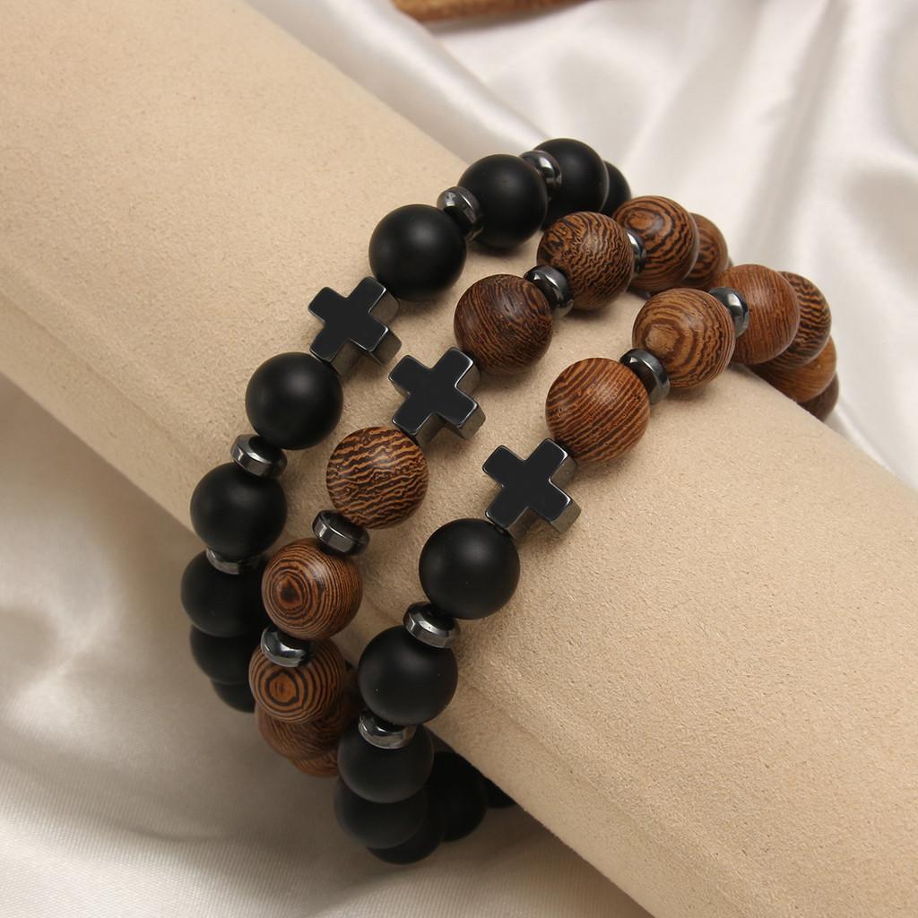 Geometric Wooden Beaded Bracelets With Stainless Steel Spacers For Men And Women