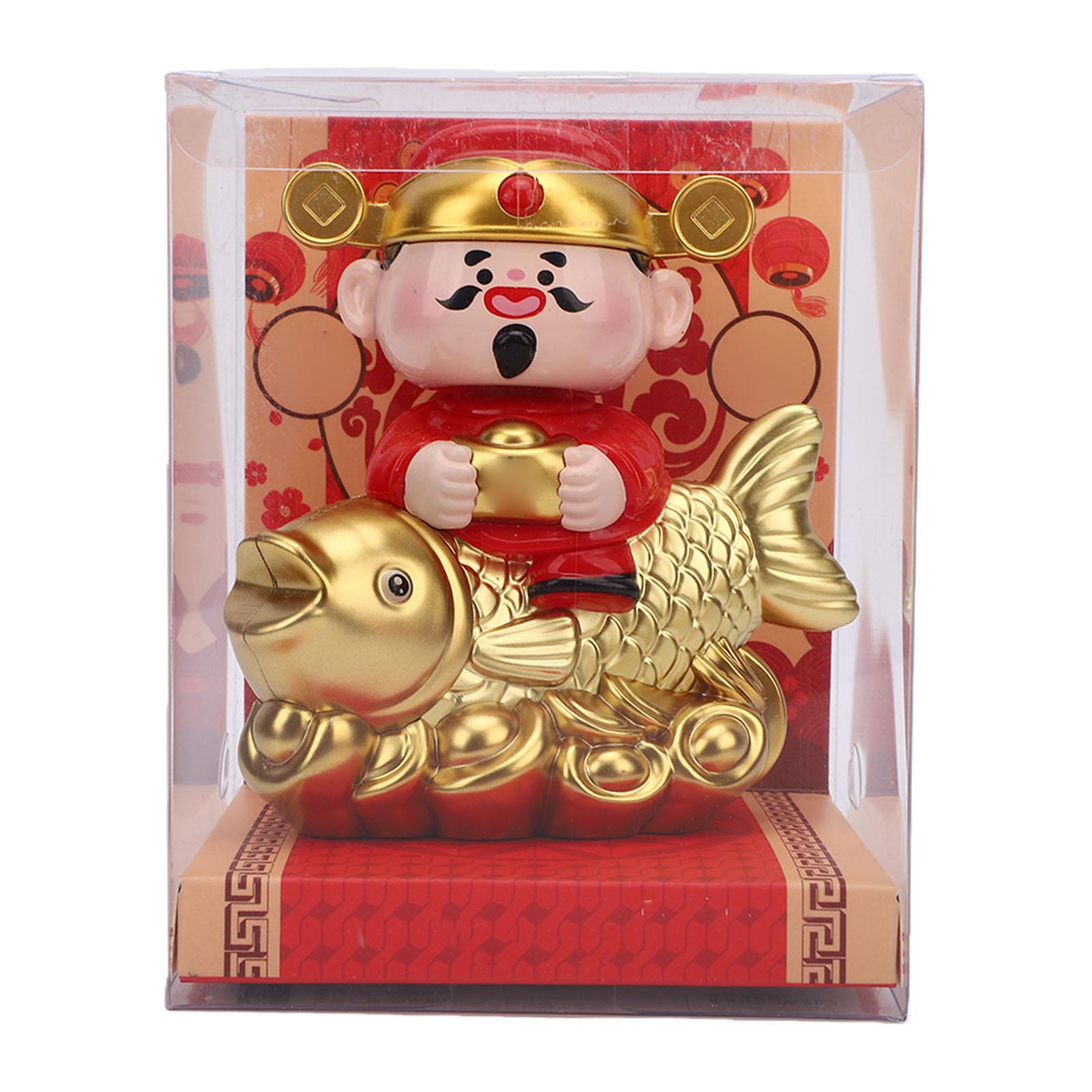 Solar Powered Caishen Koi Fish Ornament Automatic Swinging Solar Energy Moving Caishen Koi Statue