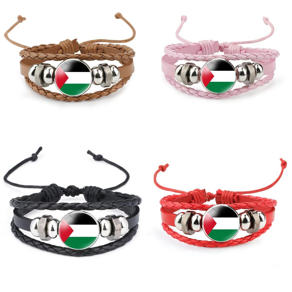 Palestinian Flag Design Gemstone Multi-layer Leather Bracelet Handcrafted Leather Rope Wristband Wholesale