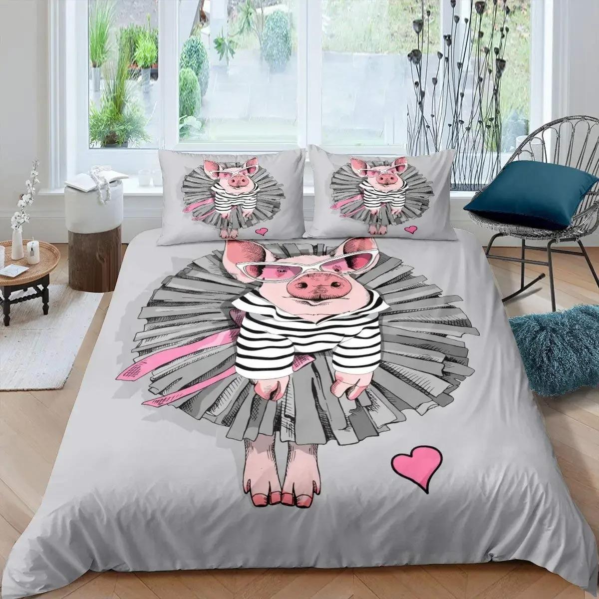 

Cozy Lightweight King Queen Comforter Pink Pig Size Cartoon Farm Animal for Kids Yellow Sunflowers Polyester Comforter (quilt)-EU Single(135*200cm)3pcs