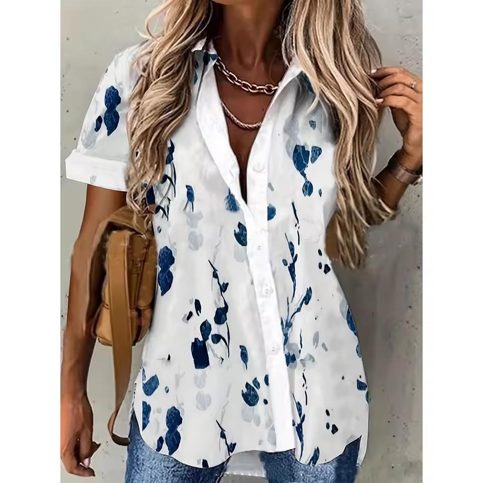 Summer Women's Minimalist Shirt with Floral Digital Print Button Up Shirt Top, Women's Hawaiian Beach Vacation Casual Shirt